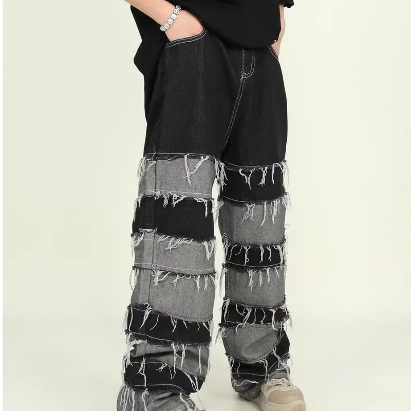 

Fringe Patchwork Baggy Man Jeans, Autumn Brushed Stacked Man's Denim Pants, Plus Size Mans Straight-leg Pants 2000s Y2k