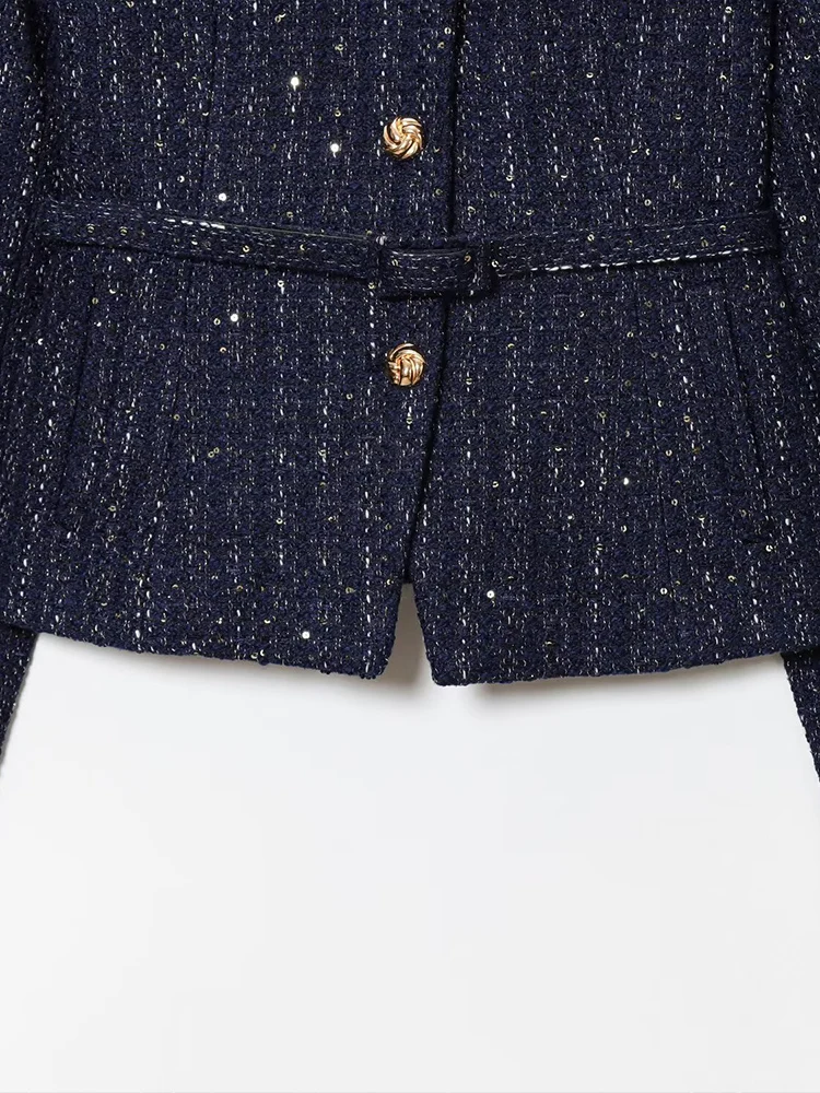 Veste à paillettes pour femmes, style européen et américain, nouveau tempérament décontracté, simple, col rond, manches longues, avec ceinture, automne