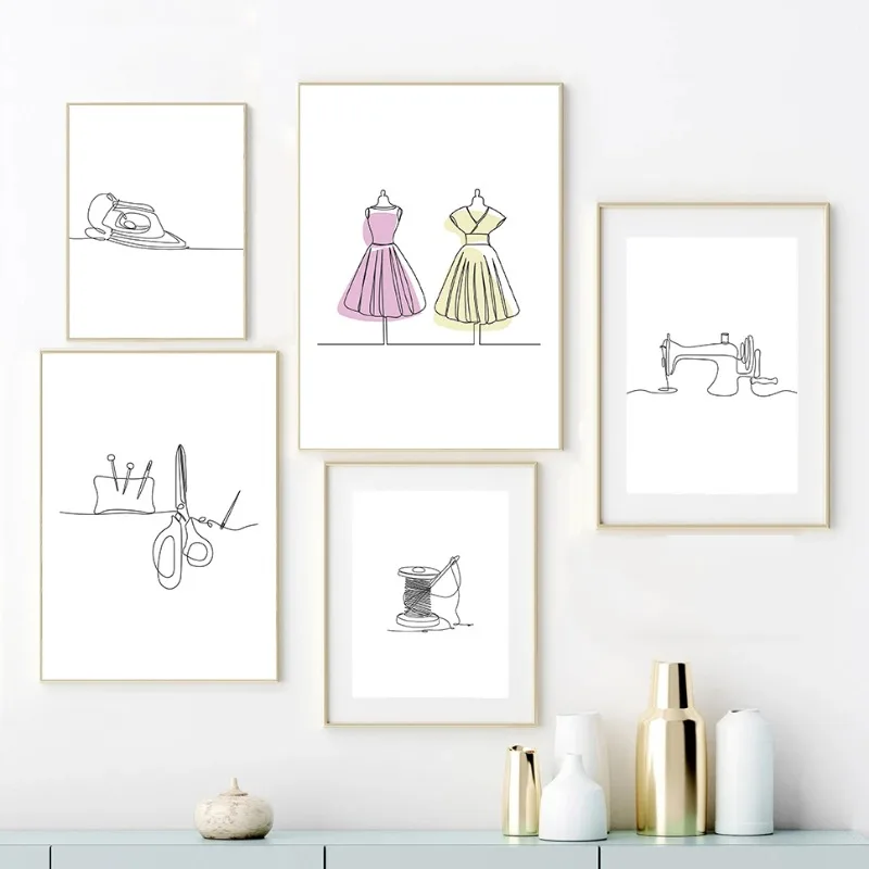 Sewing Machine Thread Spool Line Art Minimalist Posters Prints Dressmaker Canvas Painting Wall Art Picture for Craft Room Decor