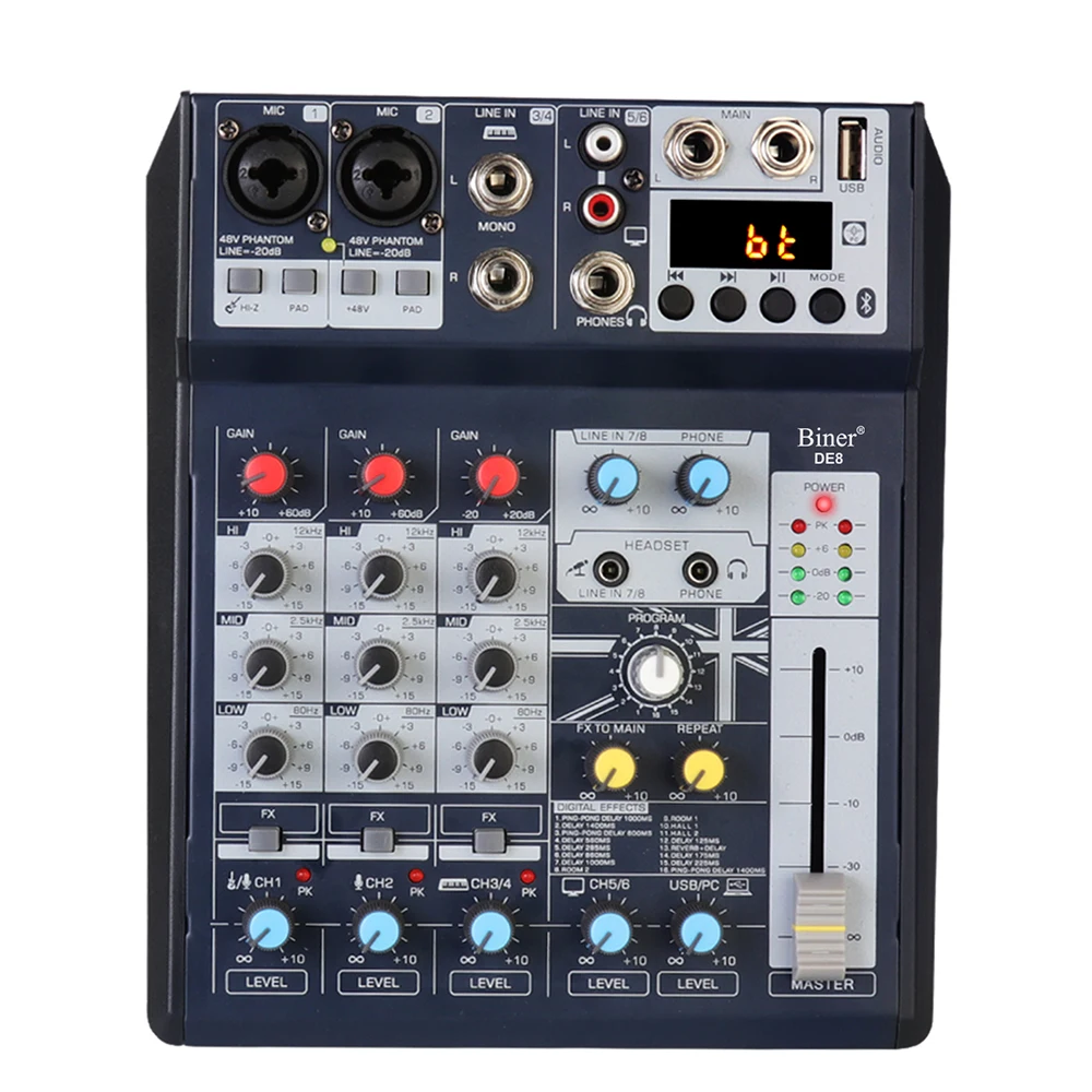 Biner DE8 Professional DJ Sound Controller With 16 Bit DSP Soundcard For PC Recording 8 Channel Usb Audio Mixer