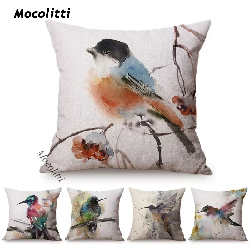 Bird Cushion Cover Water Color Splatter Art Home Decoration Throw Pillow Case Cotton Linen Square Sofa Cushion Cover almofadas