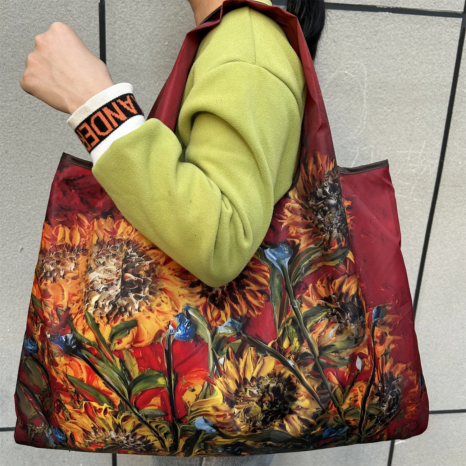 Flower Oil Painting Foldable Shopping Bag Foldable Storage Bags Portable Shoulder Handbag Travel Large Tote Bags Chic Beach Bag