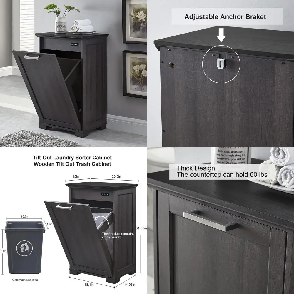 

10 Gallon Capacity Wooden Kitchen Trash Cabinet with Brown & Black Top Panel