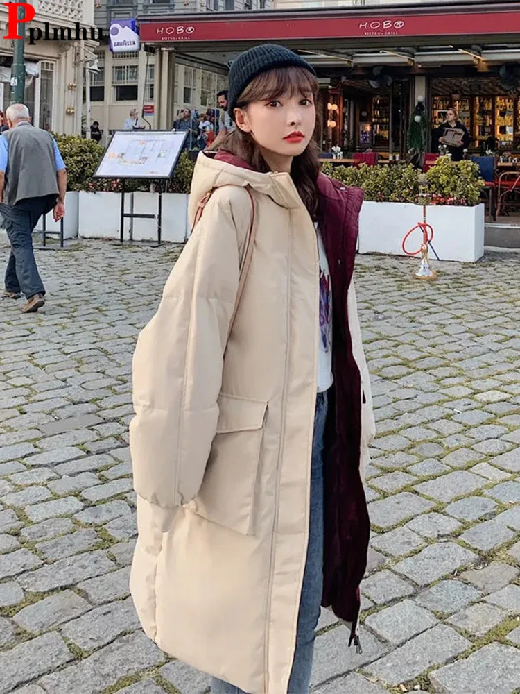 Korean Mid-length Hooded Parkas Chaquetas Casual Warm Cotton Padded Winter Baggy Coat Jaqueta Chic Fashion Windproof New Abrigos