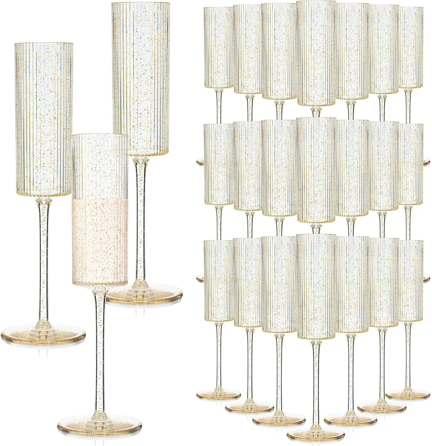 

16-Pack Gold Glitter Clear Acrylic Champagne Flutes, 5.5 oz Reusable Plastic Wedding Party Glasses