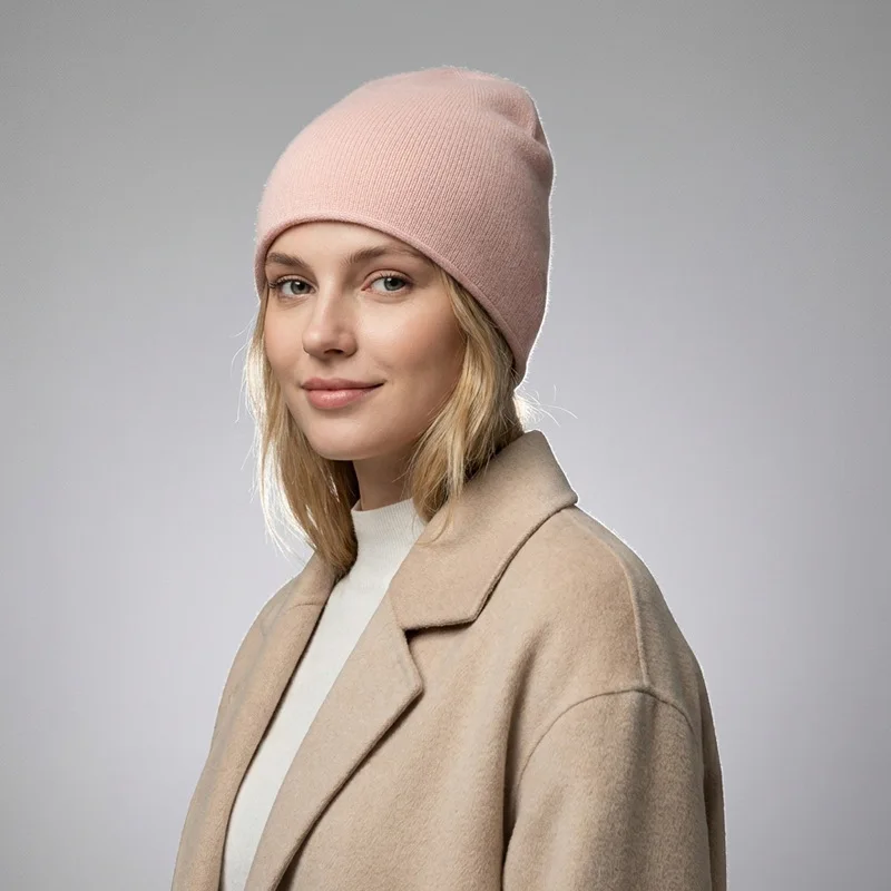 100% Wool Solid Color Knitted Pullover Cap For Both Men&Women Seamless Integrated Dome Stacking Cap With Rolled Edges For Winter