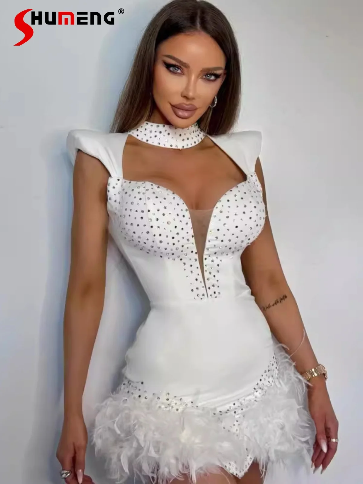 

2024 Summer New White Diamond Dresses Feminine Sleeveless Round Neck Slimming Slim-fit Bandage One-Piece Dress Feather Hem Skirt