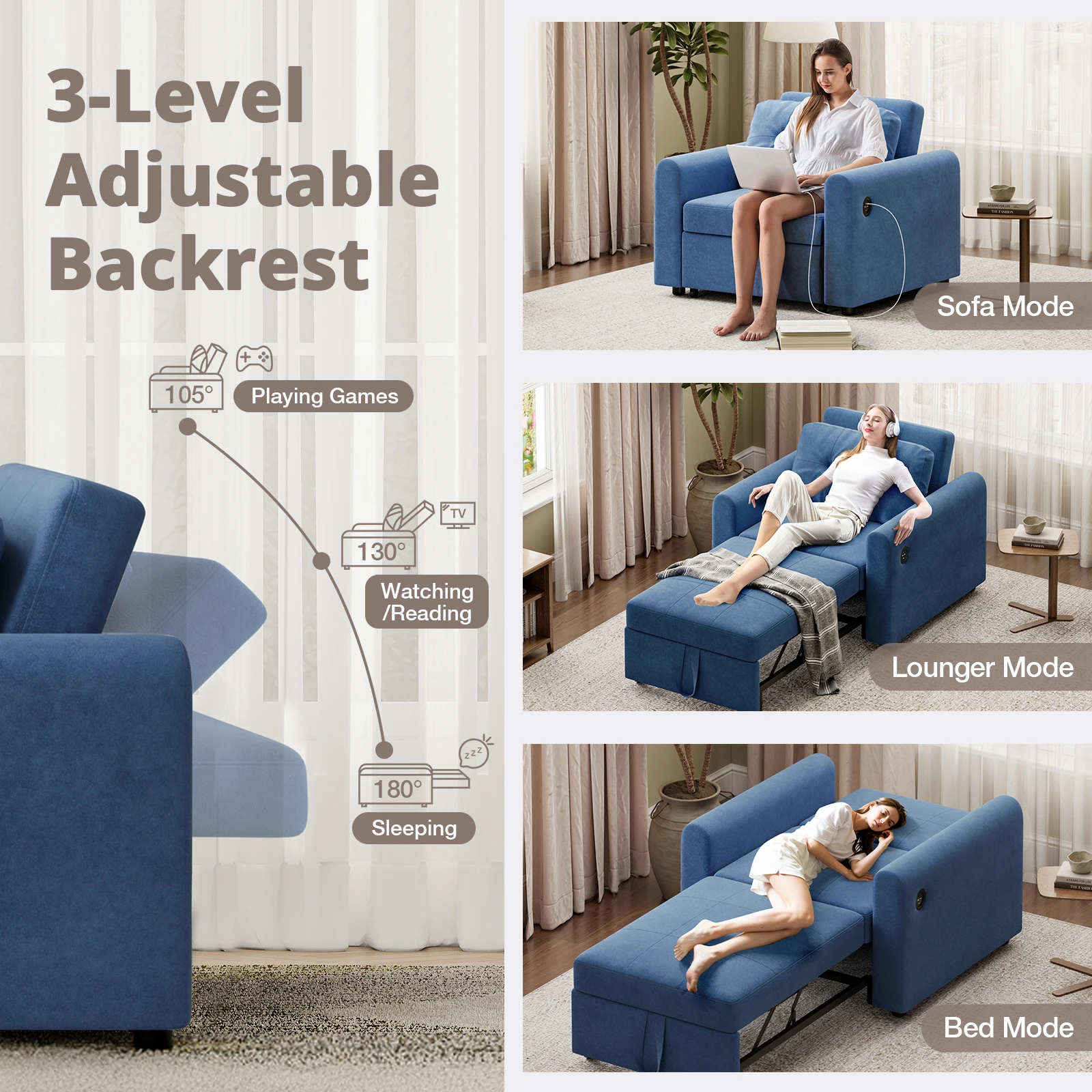 أريكة سرير، سرير أريكة فردي قابل للتحويل 3 في 1 مع منافذ USB وType-C، كرسي نوم فردي من الكتان مع جيب #5