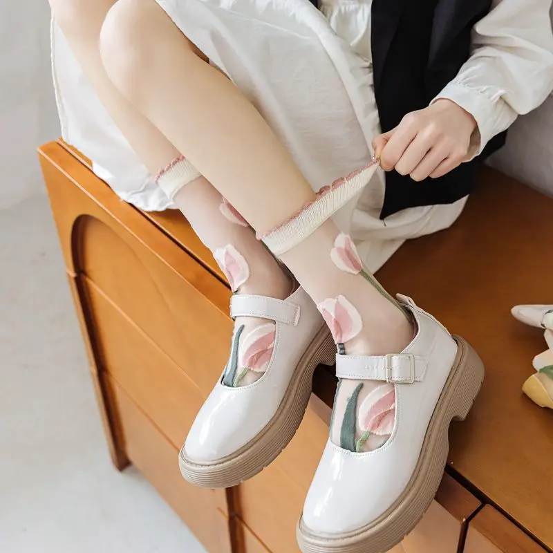 Summer Stockings Transparent Silk Women Stockings New Tulip Applique Embroidered Stockings