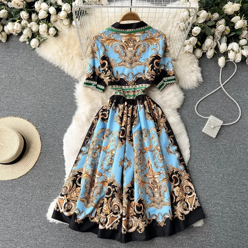 Neploe 2024 Summer New Palace Vintage Printed V-neck Dress Slim Foreign Style Light Luxury Large Swing A-line Dress