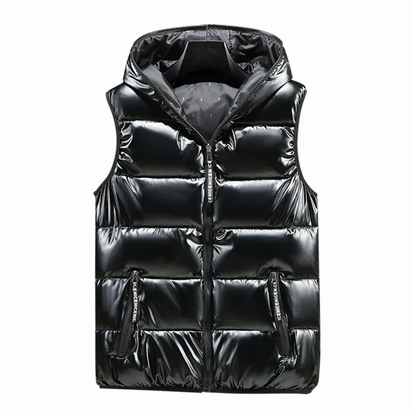 2025 Winter Men Bright Vest Hooded Warm Thicken Waistcoat Cotton-Padded Solid Color Waterproof Male Streetwear Size 5XL 6XL