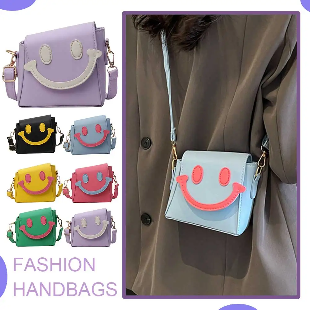 Women Smiling Face Bag PU Leather Cartoon Shoulder Bag Contrast Color Smile Face Coin Purse Female Summer Daily Bag