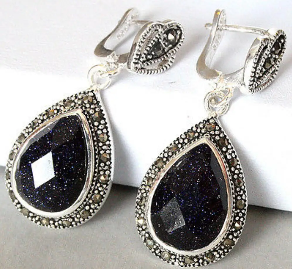 

lady's 925 Silver Natural Blue jade Marcasite Drop Earrings