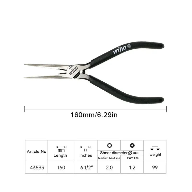 Wiha Needle-nose pliers 160 mm long Multi-purpose electrician's pliers Hand tool for clamping, cutting and peeling NO.43533