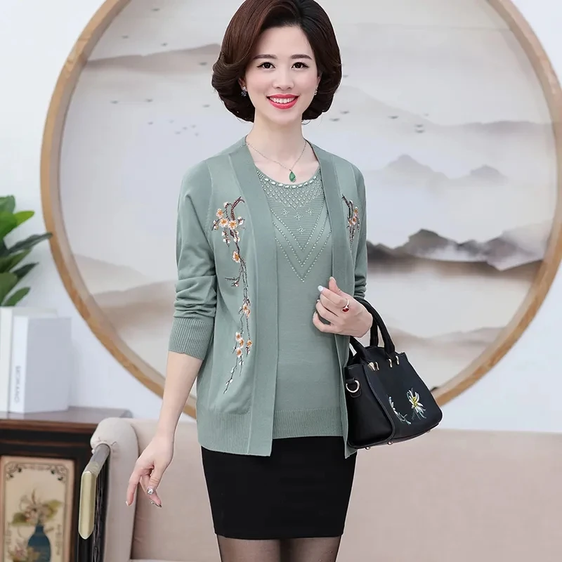 2024 NEW Middle Aged Elderly Women's Spring Summer Autumn Suit Fashion Knitted Cardigan Coat +TShirt Top 2 Pce + Pants 3 Pce Set