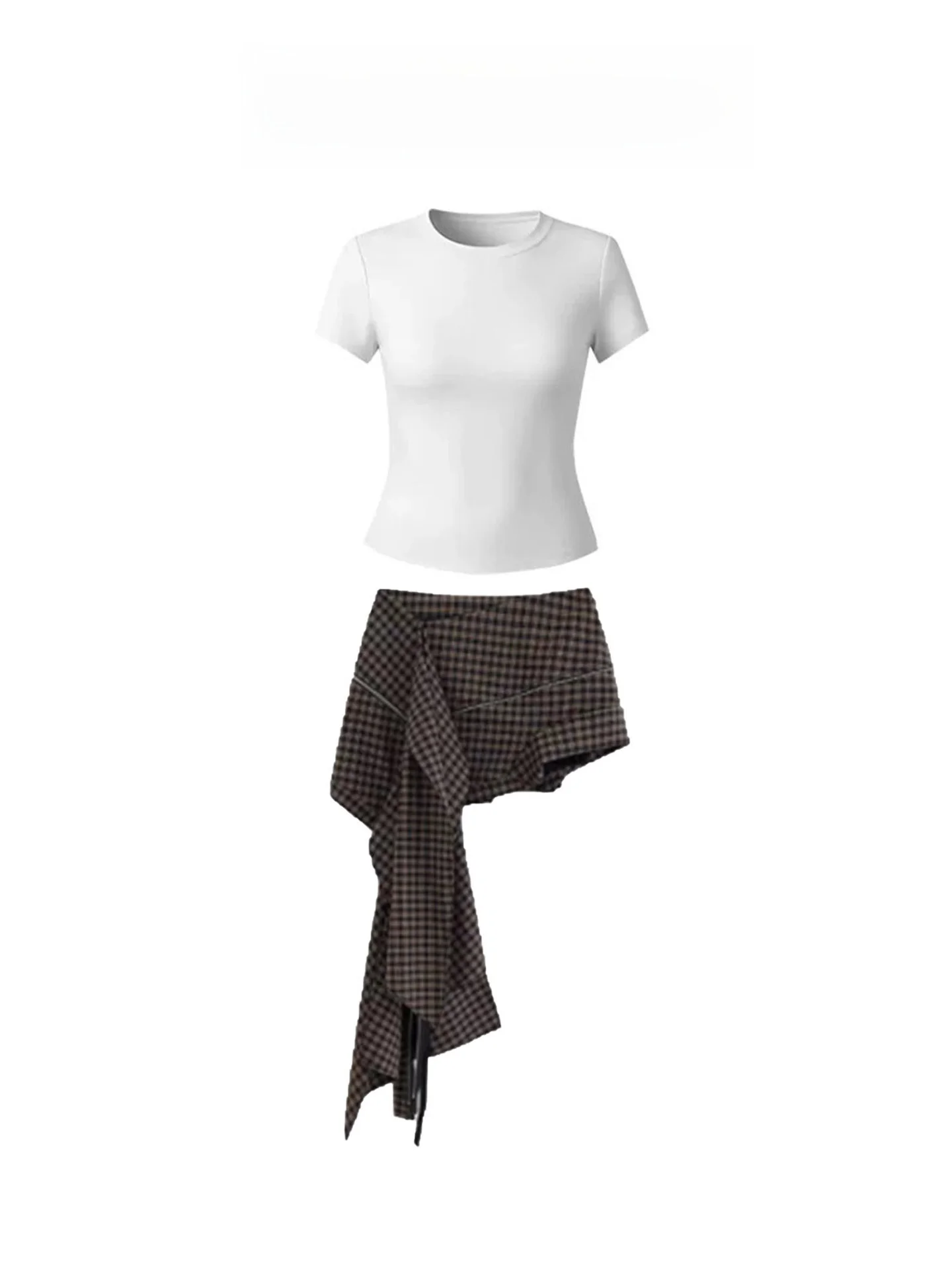 

2026 New White Short Sleeve T-Shirt Plaid Dress Women Summer Fashionable Outfit Set High Waist Short Skirt Casual Style