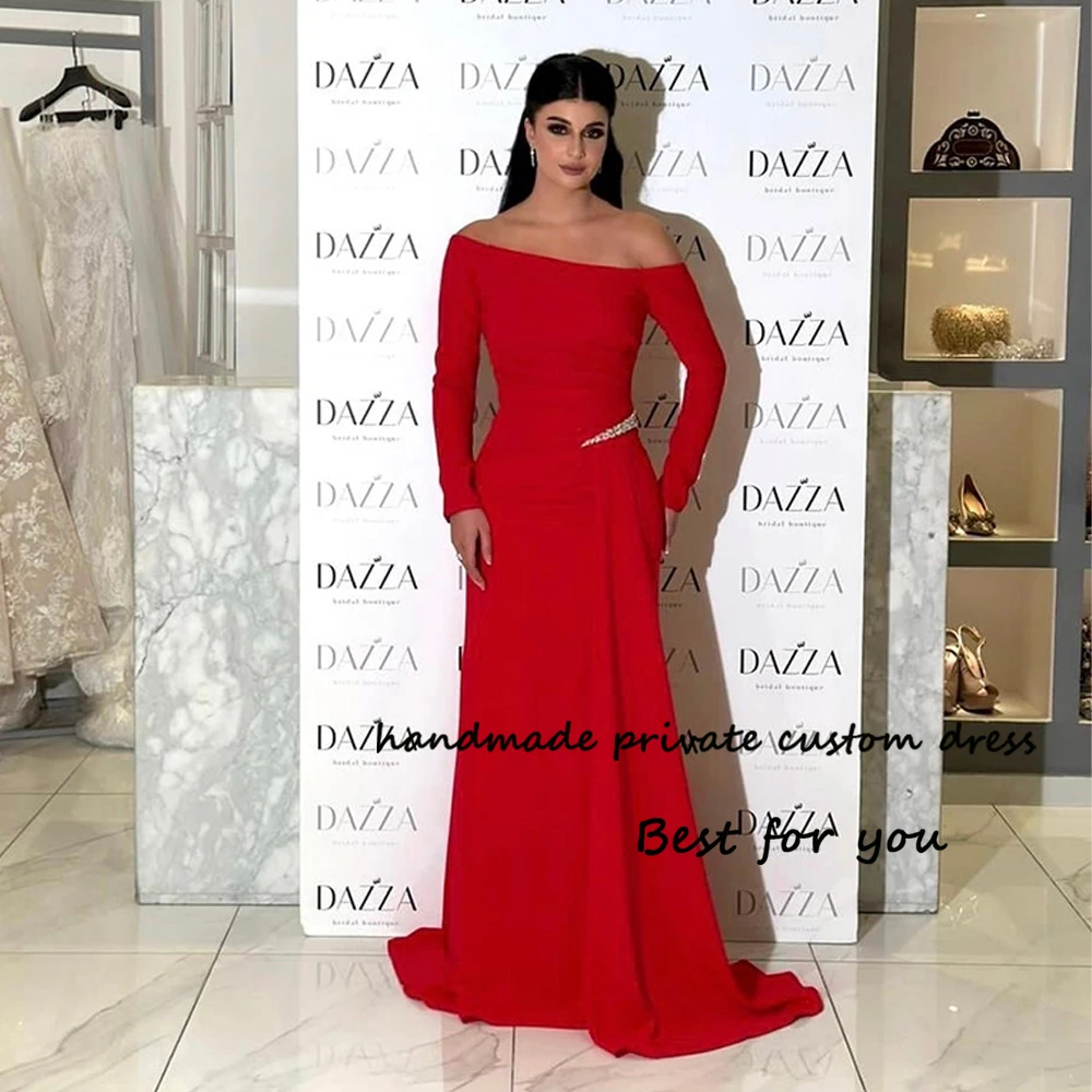 

Red Mermaid Evening Dresses 3/4 Sleeve Mono Satin Formal Dress with Train Long Arabian Dubai Prom Party Gown Backless