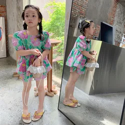 New Summer Girls' Clothing Sets Sweet Casual Flower Doll Shirt And Shorts Fashion Baby Kids Outfit Children Girls Clothes Suit