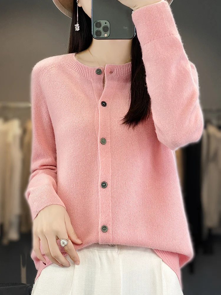 

Aliselect Women's O-neck Long Sleeve Cashmere Cardigan 100% Merino Wool Sweater Basic Grace Knitwear Korean Spring Autumn Tops