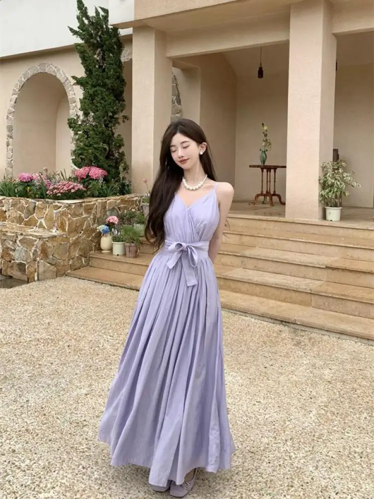 

French Women Bow Bandage Slip Long Dress Elegant Solid Sleeveless V Neck Backless Evening Party Dresses Ladies