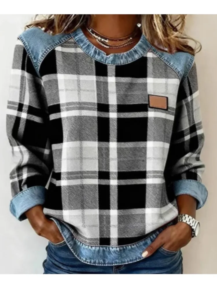 Frühling Herbst Karierten Druck Lose Hoodie Frau Mode Oansatz Farbe Passenden Sweatshirt Damen Büro Vielseitig Pullover