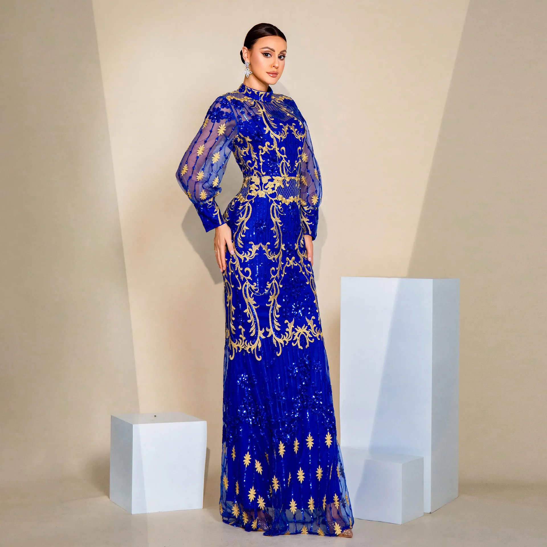 エレ・ロング・スヴェ・ラウンド・ネ・イブニング・ドク・スパークリング・スパンコール・プロム・ドク・メイド・オブ・ドク・ウィメンズ・ロングガウン・ハイウエスト・ボディ...