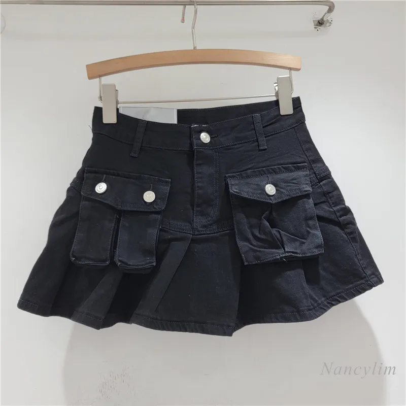 Pocket Denim Short Skirt Women's Hot Girl Street Style Pleated Skirt Retro High Waist Anti-light  Faldas De Mujer 2025