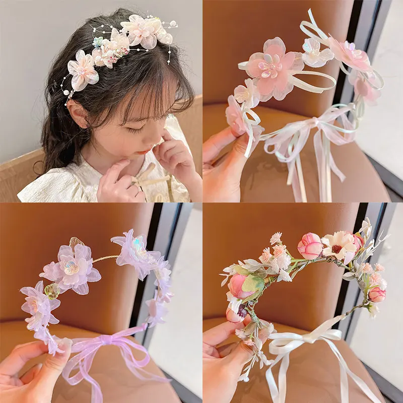 Kids Pearl Flower Hair Hoop Fairy Headwear Anti Slip Childre