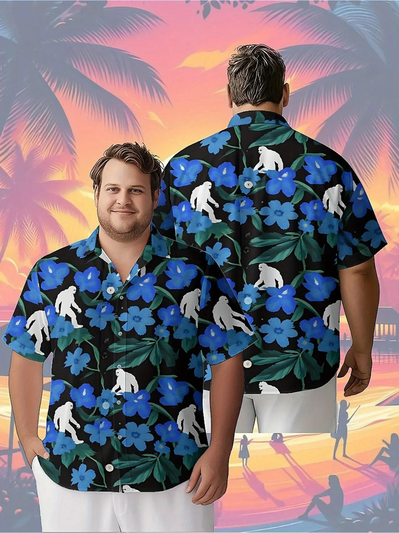 

Men's Plus Size Hawaiian Shirts Sasquatch and Blue Flowers pattern,Unisex Baggy Aloha Shirts,summer Alternative Clothing