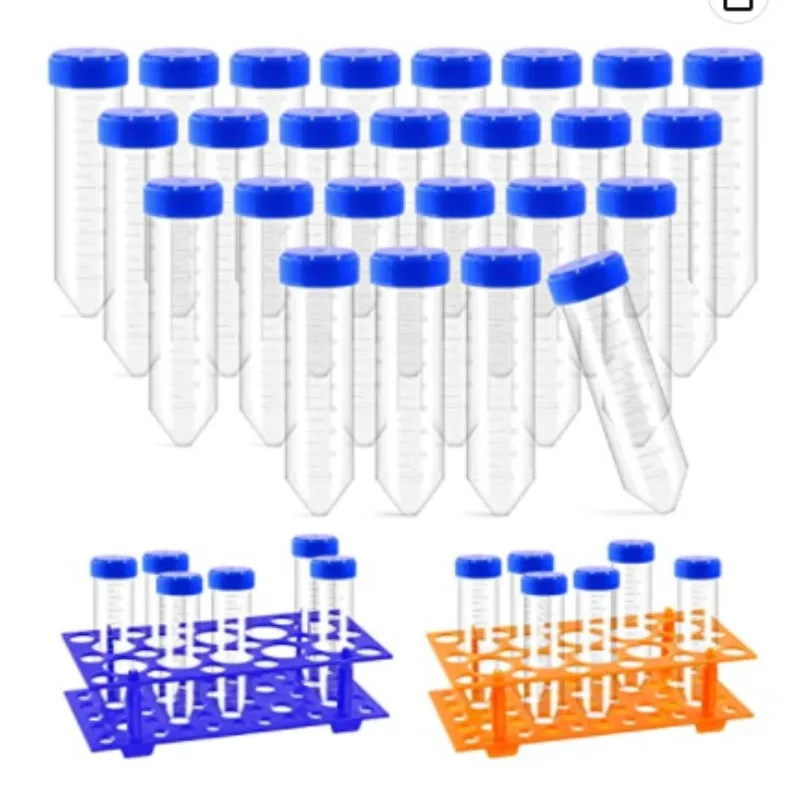 

25 пластиковых центрифужных пробирок + 2 сине-оранжевые лабораторные стойки на 28 отверстий для хранения и дозирования образцов, полный комплект