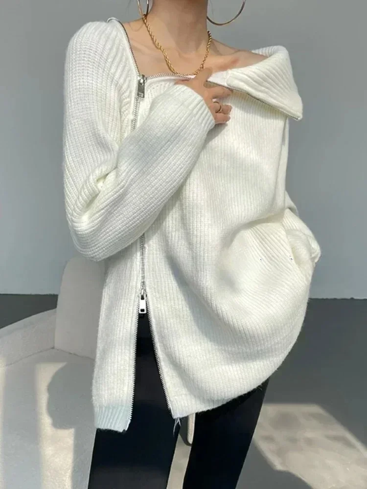 

Женская водолазка на молнии, модные женские свитера больших размеров, осень 2023, трикотажные изделия, свободные толстые теплые однотонные пуловеры с высоким воротом, женские