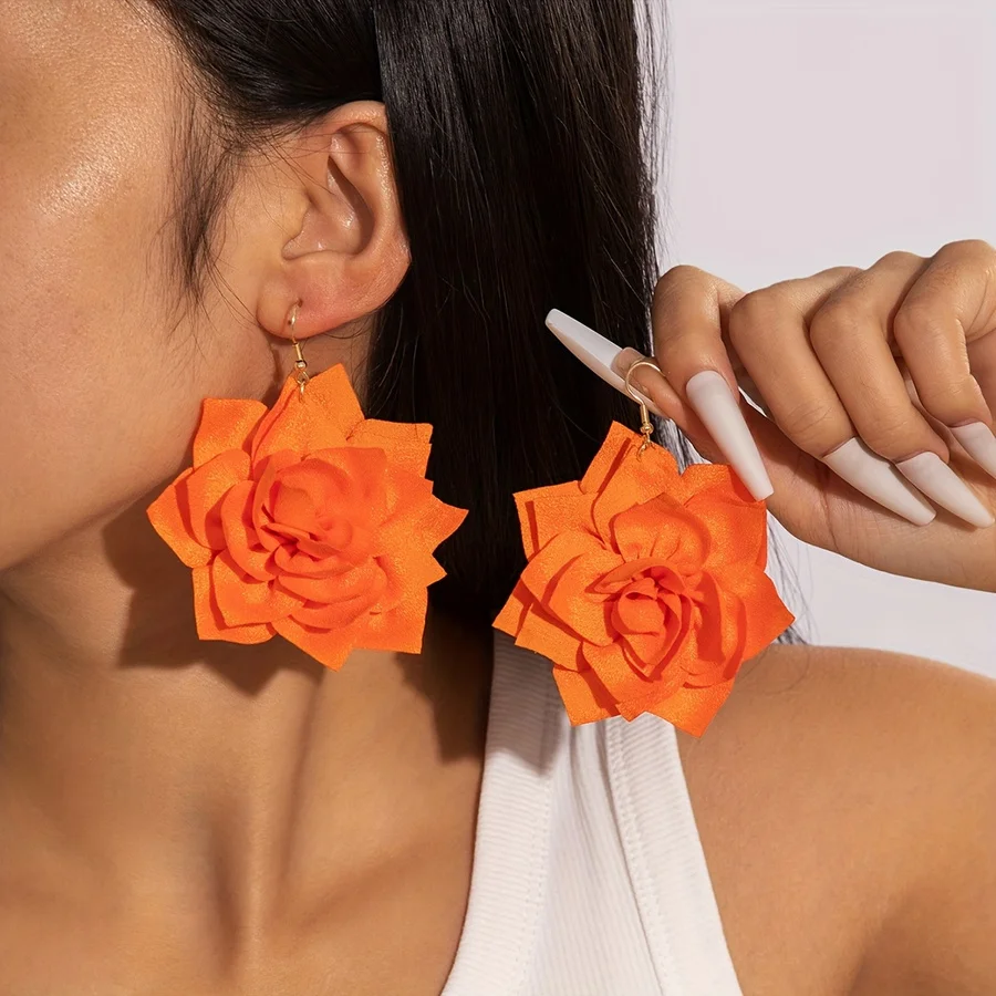 

1 Pair of Elegant Pastoral Style Orange Polyester Fiber Dangling Flower Earrings, Lotus-Inspired Flower Earrings, Suitable as a