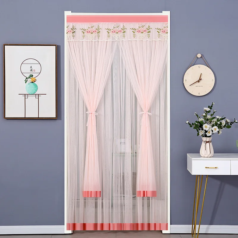 Free Punch Anti Mosquito Door Curtain Double Layer Lace Embroidery Bedroom Living Room Home Partition Doorway Curtain Decoration