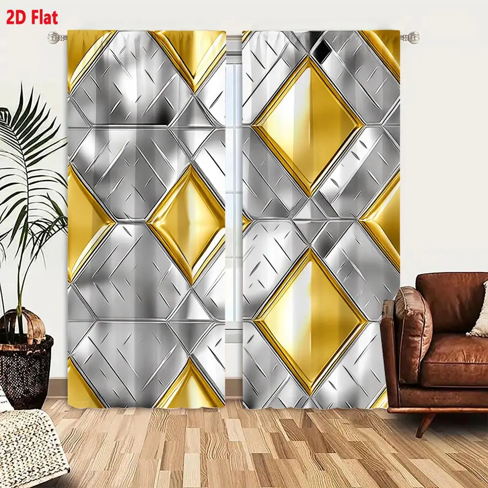 2Pcs Curtains 2D Flat Interlocking Diamond - Shaped Tiles Pattern, Alternating Shiny Metallic Gold and Silver with Reflective Sm