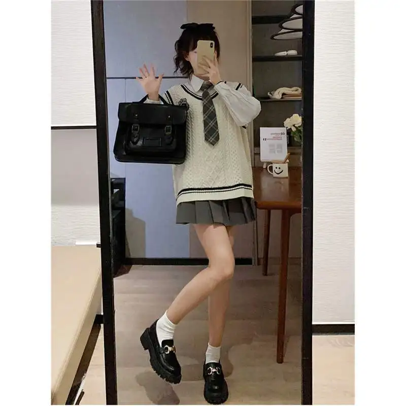 Japan Korea Style Three Piece Set Korean College Style Spring And Autumn New Knitted Vest Sweater shirt+pleated Skirt Set