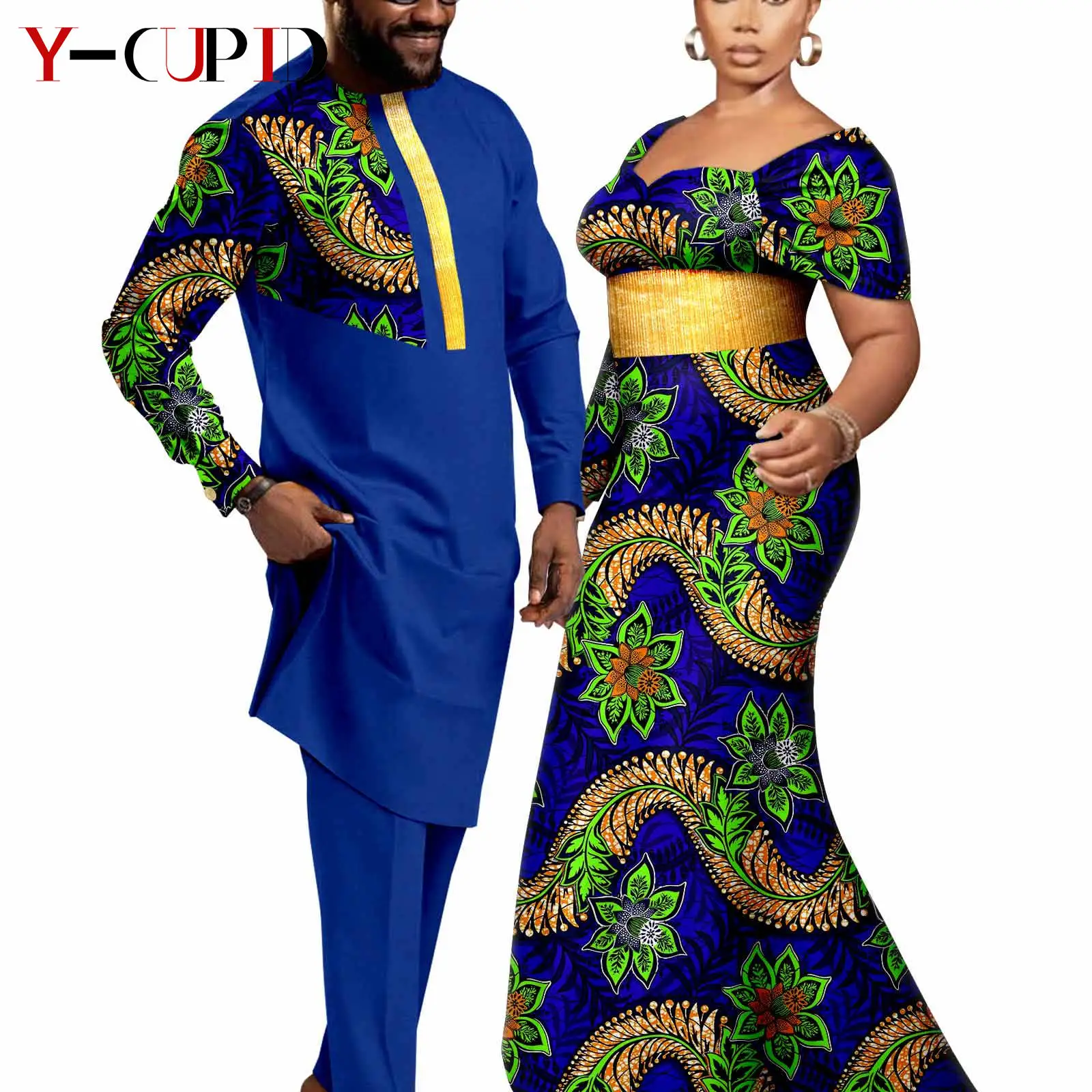 Stylish Matching African Outfits Couples Women Princess Sleeves Long Dresses Bazin Riche Men Outfits Top and Pant Sets Y23C098