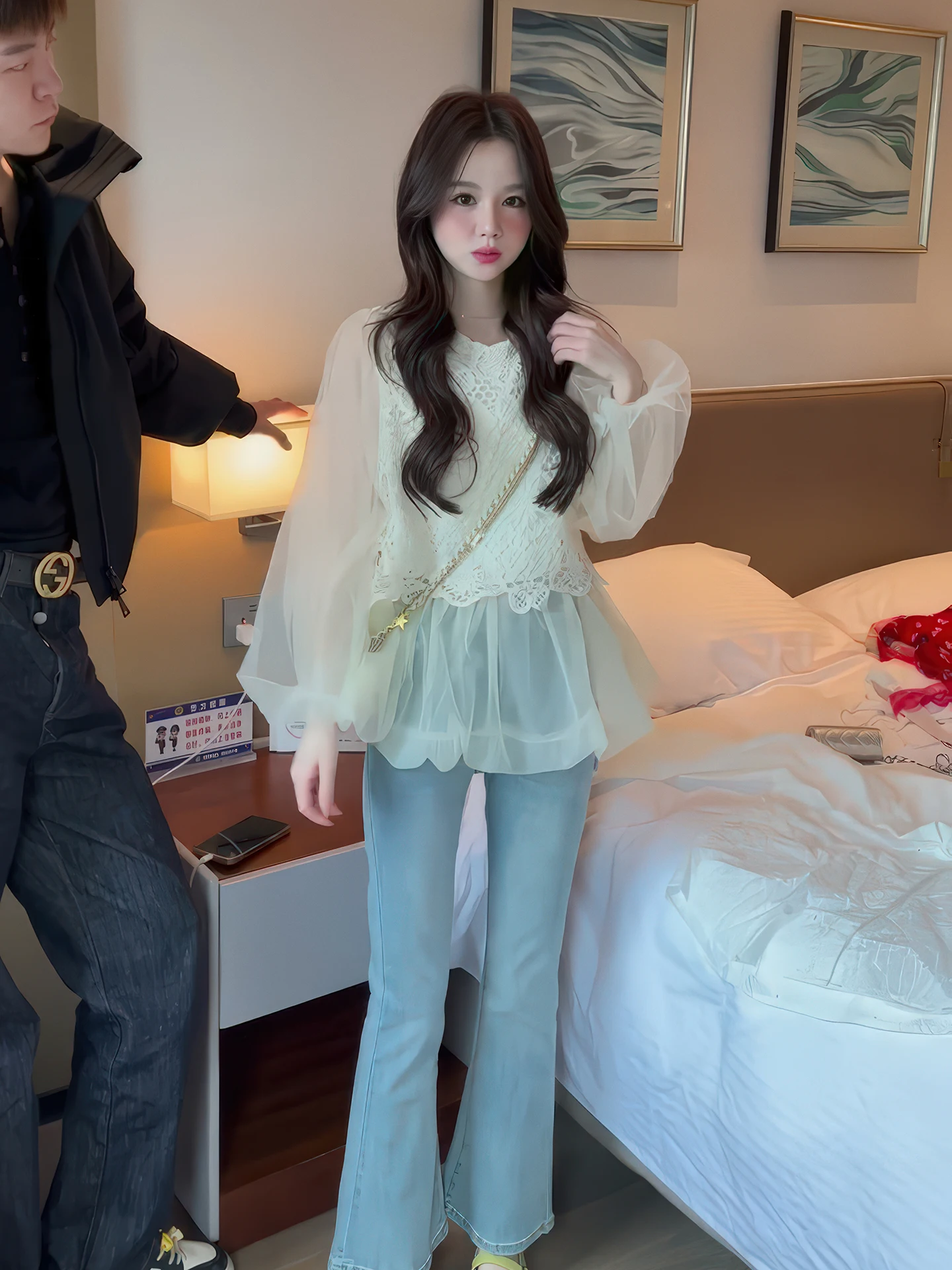 

Sweet Style Lace Splice Lantern Sleeve Shirt Women's Spring 2026 New Small Size Fairy Versatile Top Breathable Slimming Long ...