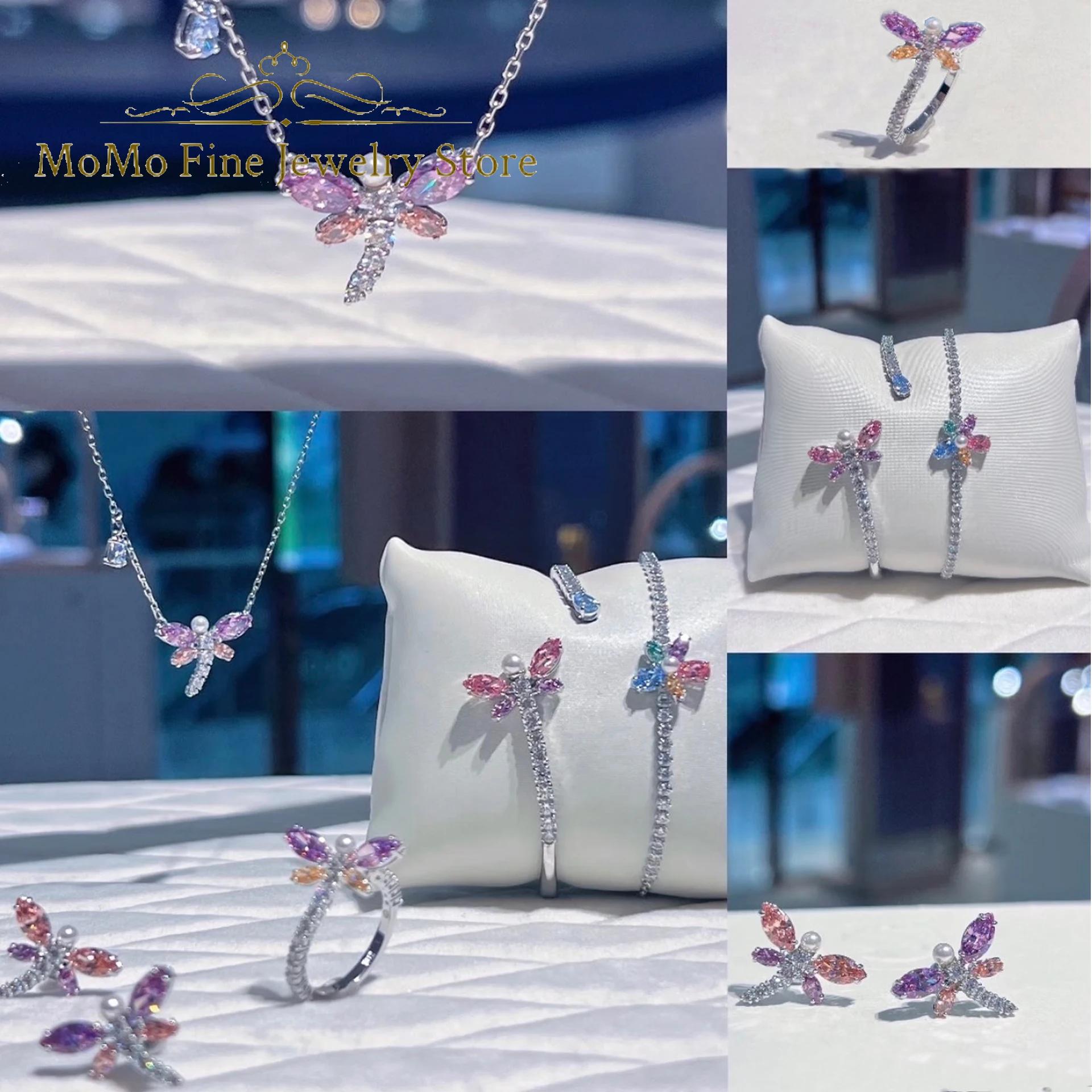 

2026 High Quality Party Jewelry Sets Charm White Pink Butterfly Dragonfly Crystal Fashion Necklaces Earrings Women Romantic Gift