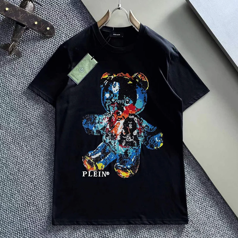 Alex Plein Rhinestones Teddybear Crystals Men\'s Fashion Clothing Couple Streetwear 2023Summer Cotton Shortsleeve Crewneck Tshirt