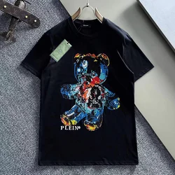 Alex Plein Strass Teddybär Kristalle Herrenmode Kleidung Paar Streetwear 2023 Sommer Baumwolle Kurzarm T-Shirt mit Rundhals ausschnitt