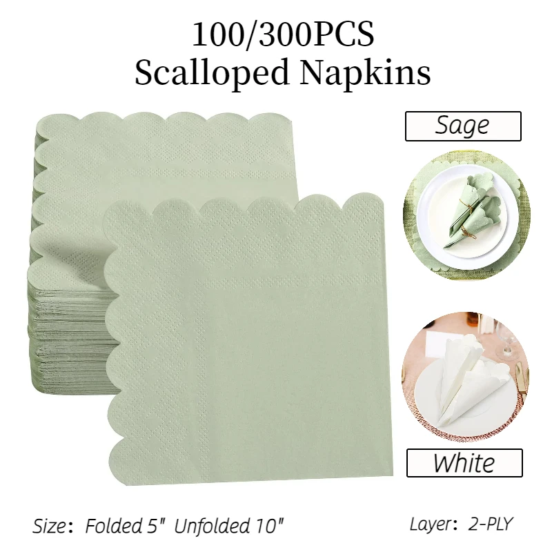 

300/100Pcs 5" Scalloped Cocktail Napkin 2-Ply White Beverage Dessert Napkin Disposable Party Napkin Wedding Baptism Baby Shower