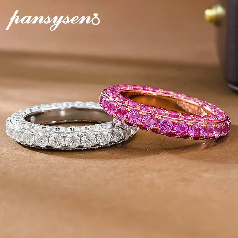 PANSYSEN Luxury 925 Sterling Silver Pink Sapphire High Carbon Diamond Ring for Women 18k White Gold Plated Wedding Party Jewelry