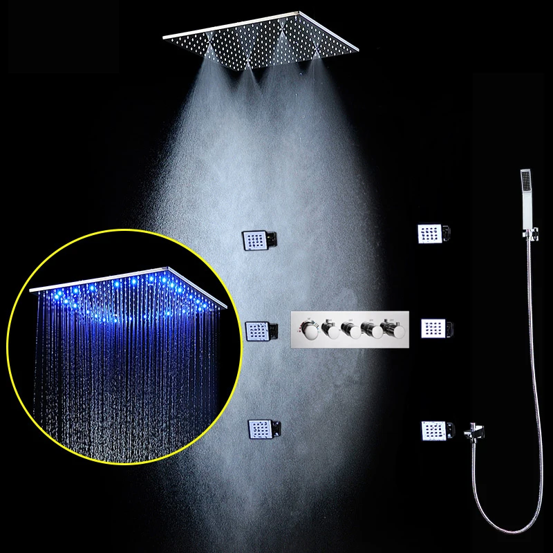 

hm Thermostatic Shower Set Ceiling Rainfall Faucets System Modern RGB LED Light Rain Showerhead Panel With Massage Body Jets