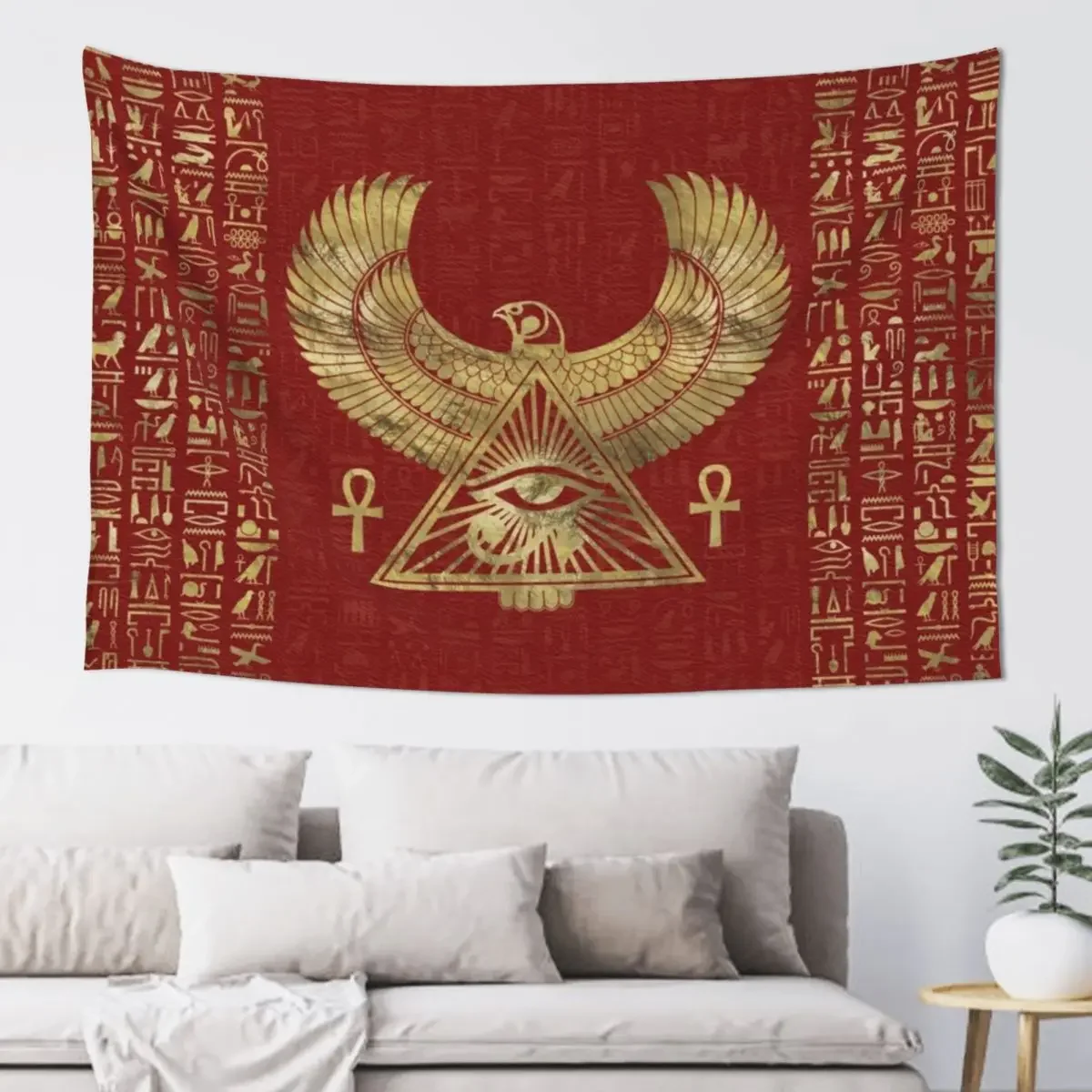 

Eye of Horus - Wadjet Gold on Red Leather Tapestry Bedroom Decor Aesthetic Wall Deco Wallpaper Tapestry