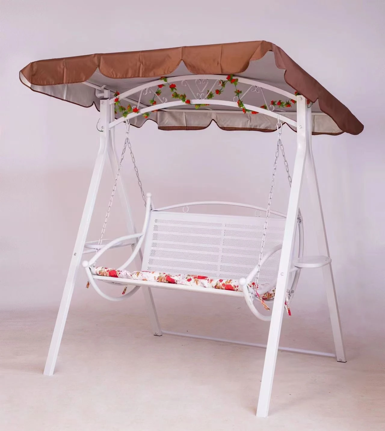 Outdoor garden furniture double seater iron frame terrace swing lounge balcony hammock metal chair with cushions