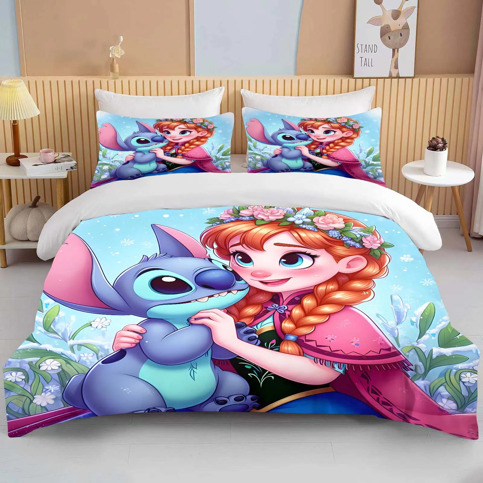 Disney Princess and Stitch Printed Bedding Set Cartoon Microfiber Bed Set Pillowcase Adult Bed Cover Bedroom Bed Set Duvet Gift