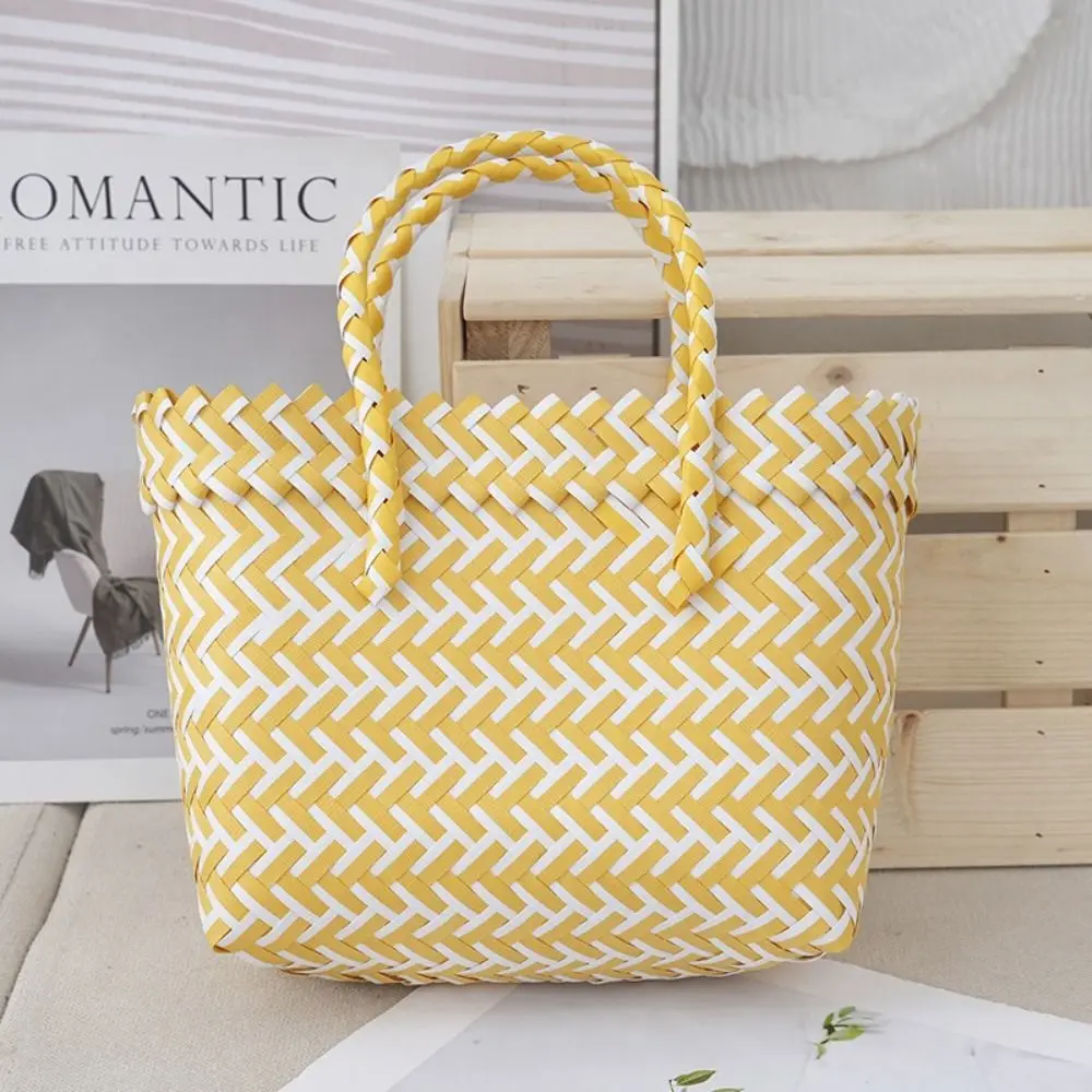 Summer Candy-colored Color Contrast Tote Bag Weaving Baskets Hand-woven Vegetable Basket Bag Shoulder Bag Large Capacity