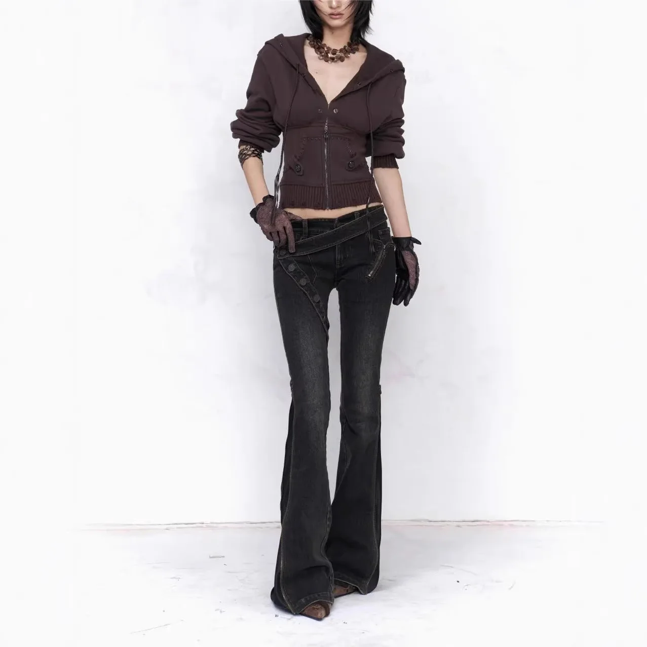 

Women's Black Cargo Jeans High Waisted Asymmetrical Strap Design Denim Pants with Gold Buttons Zipper Pockets Loose Straight