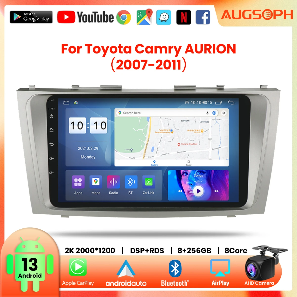 

Android 13 Car Radio for Toyota Camry AURION 2007-2011, 9inch 2K Multimedia Player with 4G Carplay & 2Din GPS Navigation