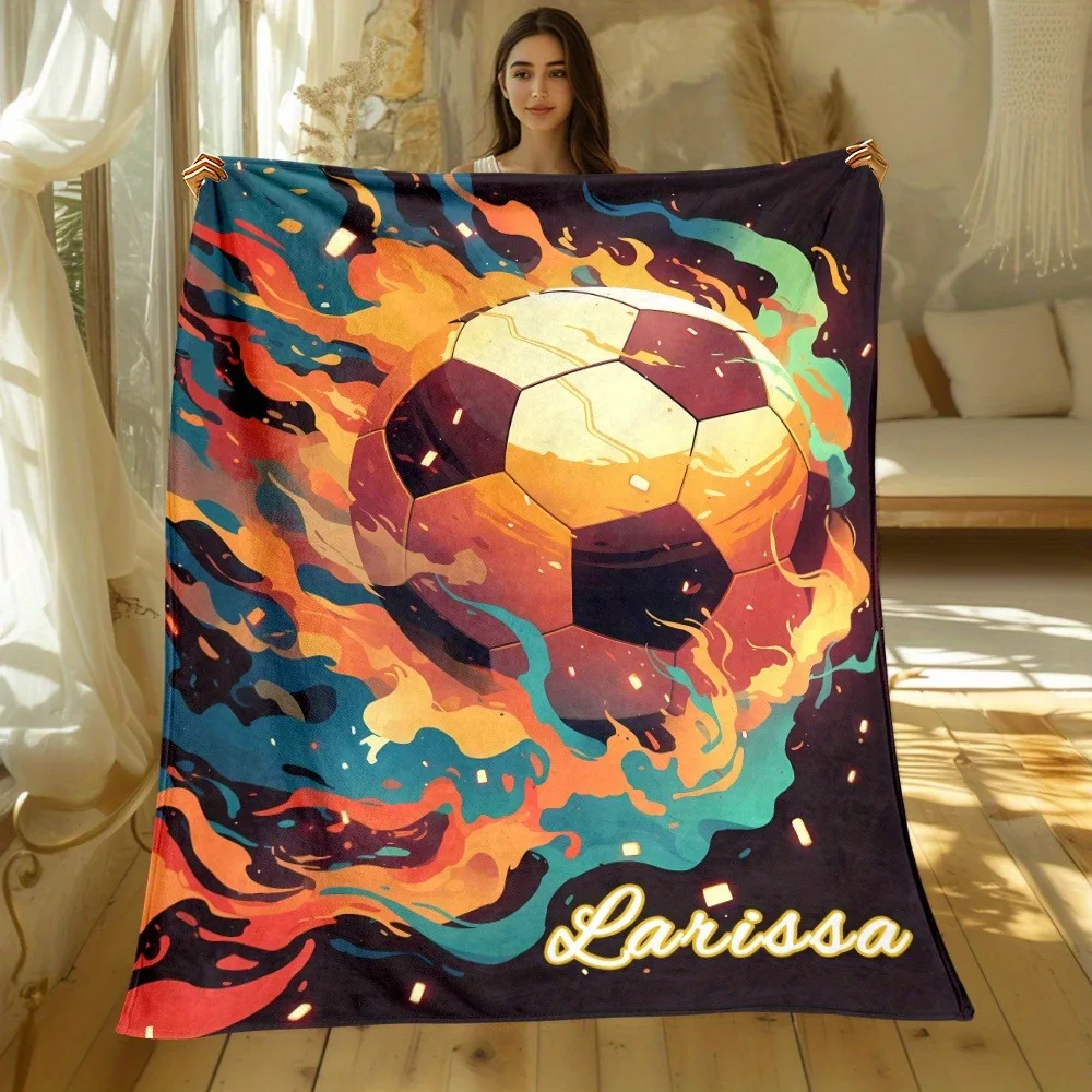 Custom name Soccer Blanket Soccer Themed printed Blanket for Football fans boys girls birthday festival gifts four season use
